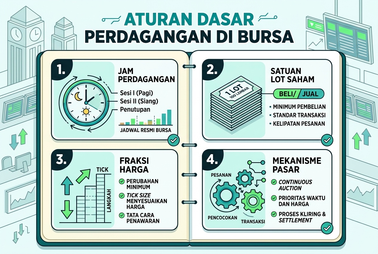 Catatan aturan dasar perdagangan di bursa seperti jam perdagangan dan satuan lot