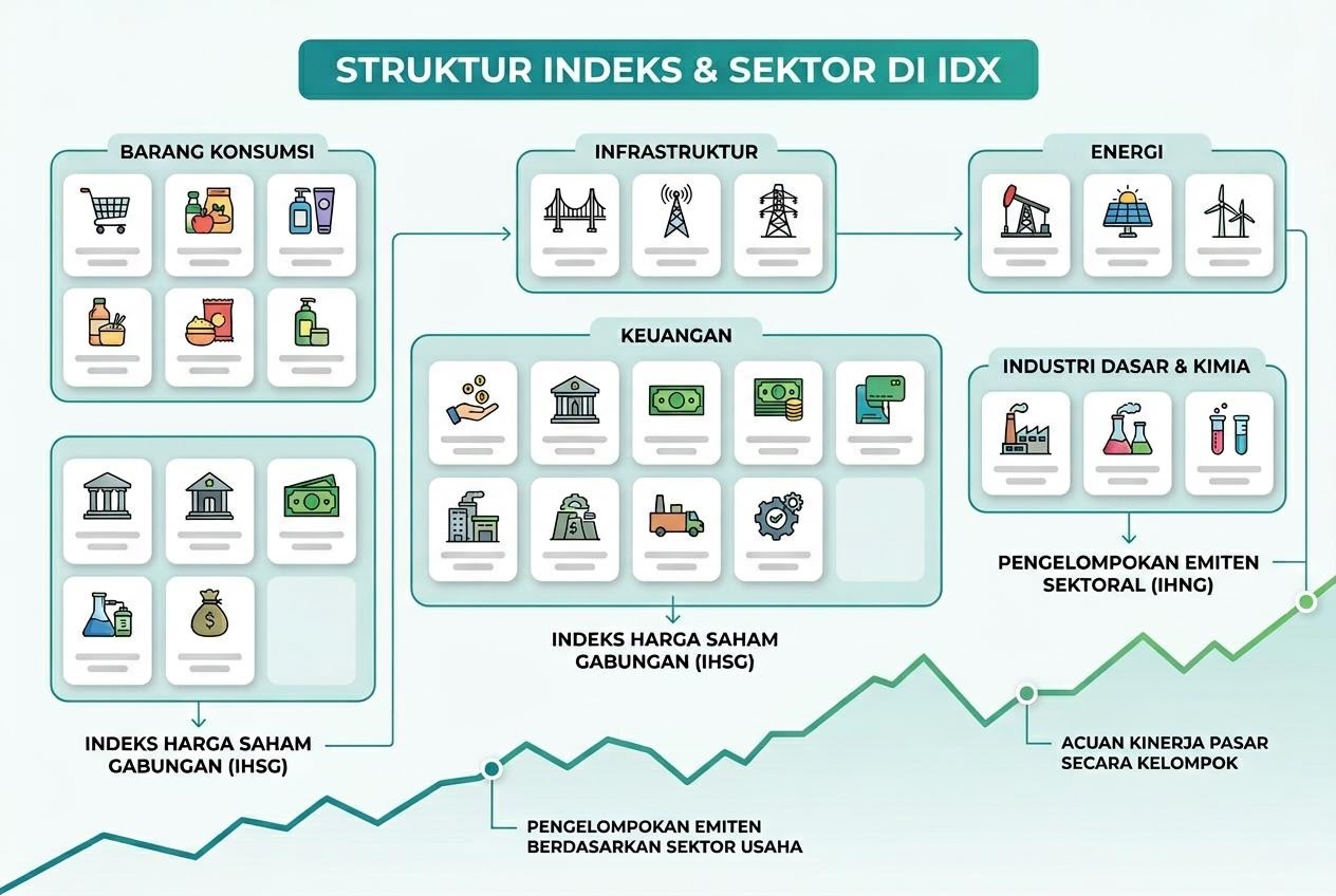 Skema pengelompokan sektor pasar modal dan beberapa indeks di IDX