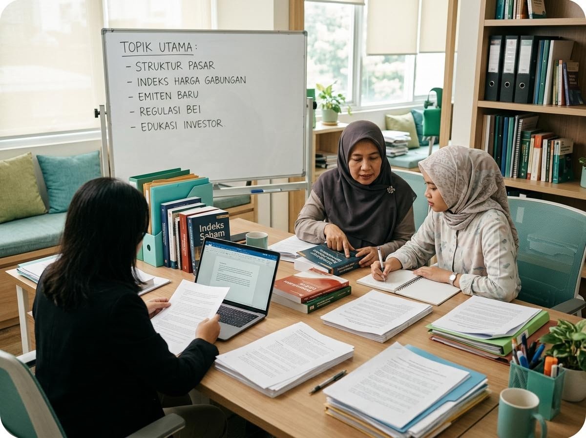 Suasana ruang baca redaksi yang menyusun catatan informasi pasar modal Indonesia di Yogyakarta