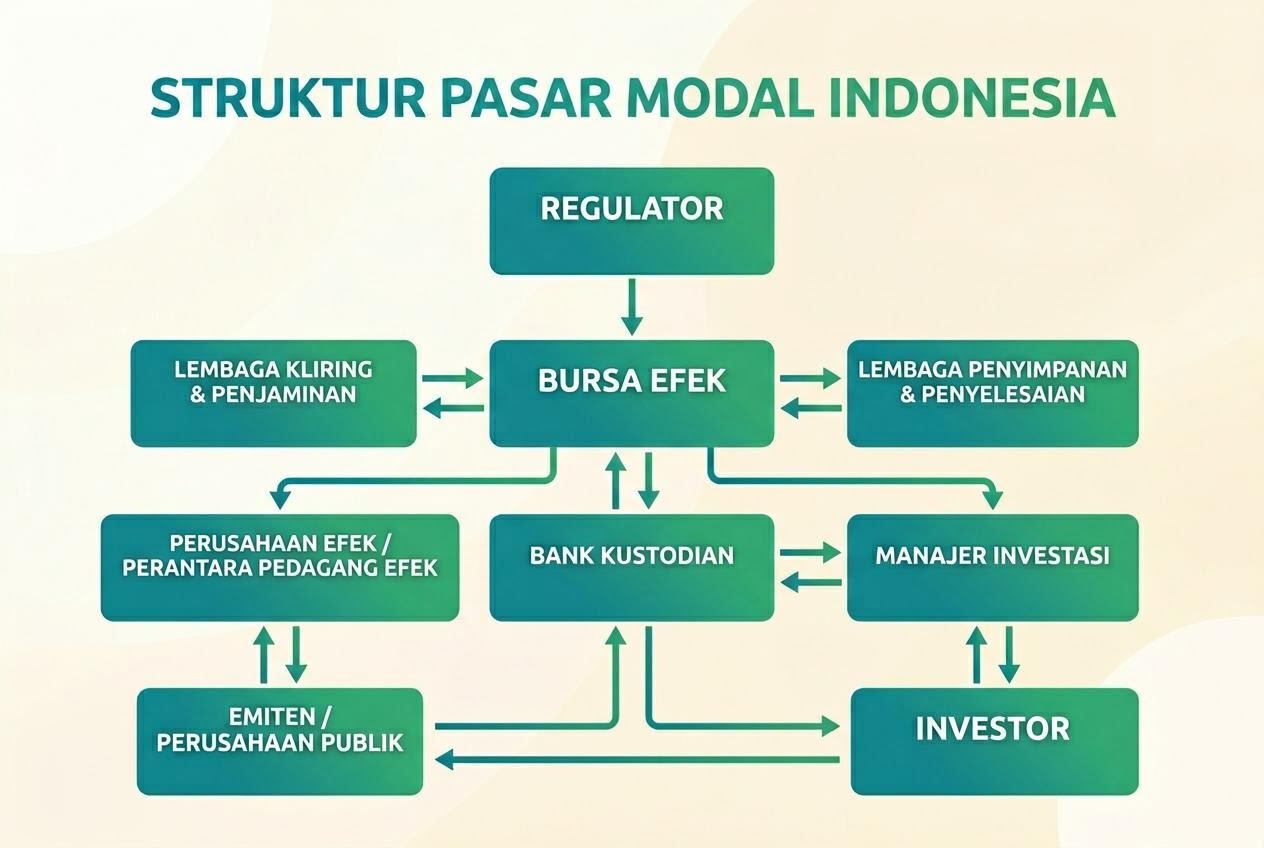 Diagram sederhana struktur pasar modal Indonesia dengan lembaga dan pelaku utamanya